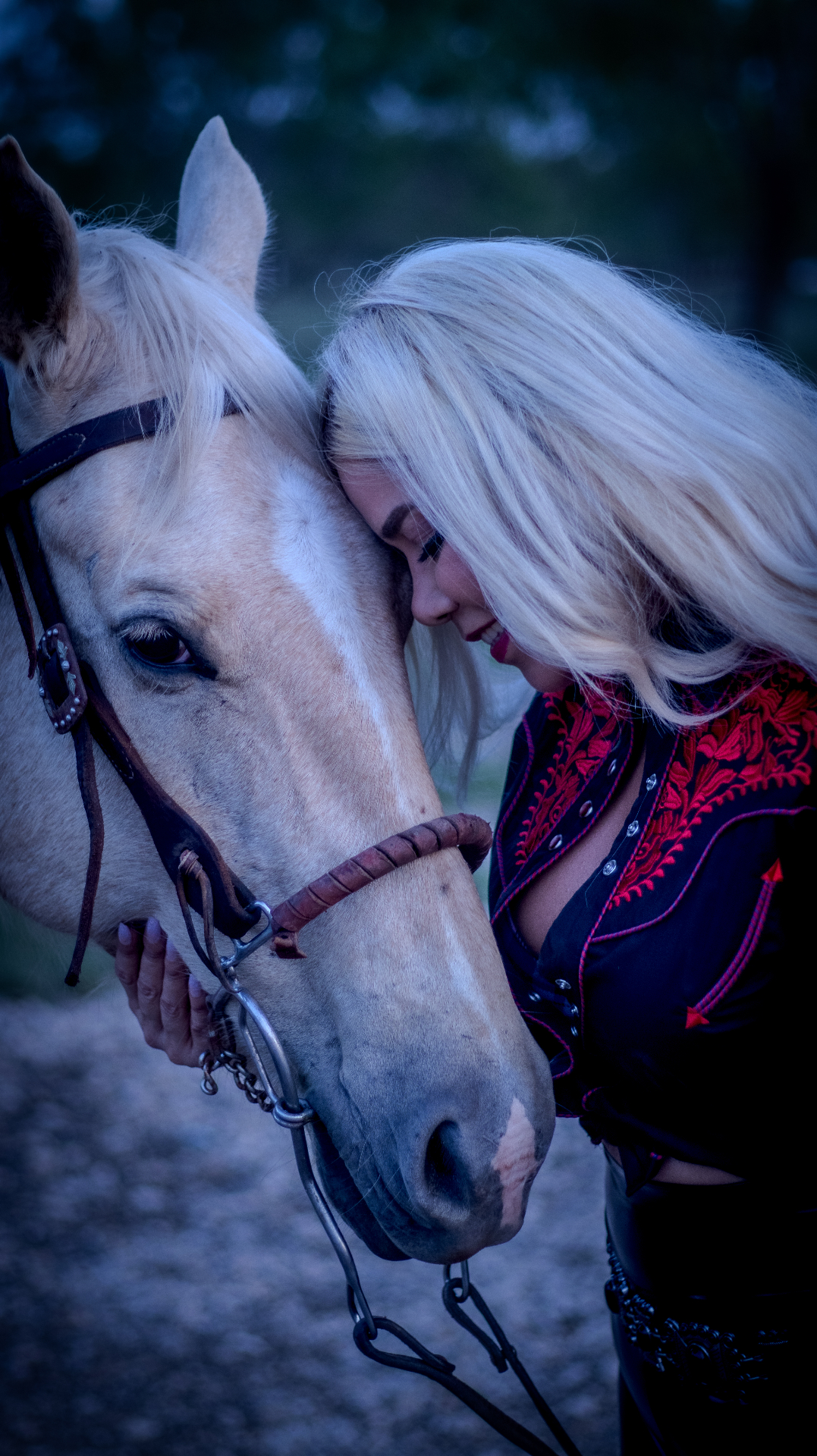 Tender moment between subject and a palomino horse